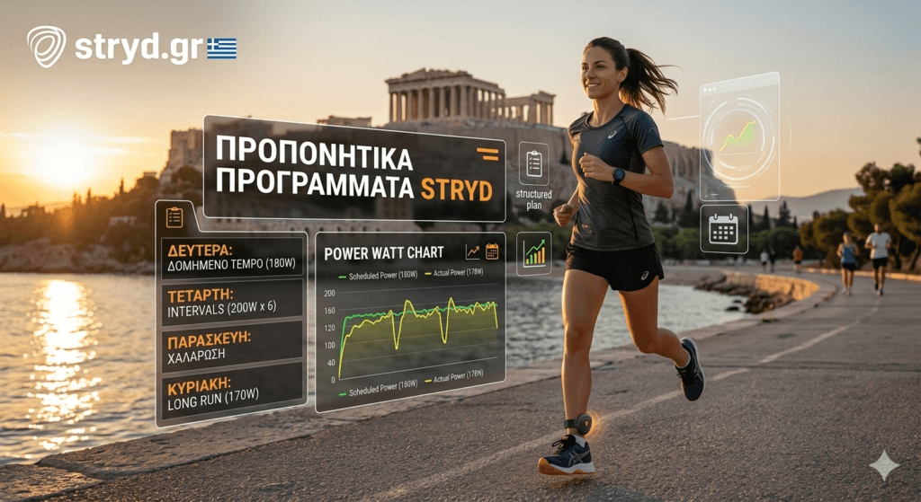 Υπηρεσίες Coaching Δρομέας σε προπόνηση με Stryd Power Meter και δεδομένα ισχύος στην οθόνη