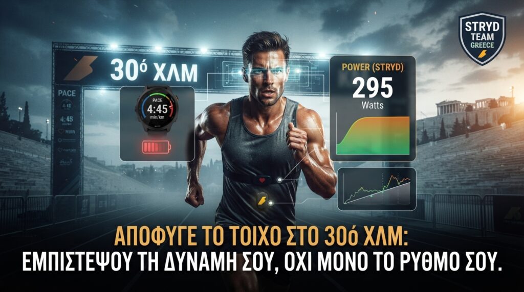 Δρομέας στον Μαραθώνιο της Αθήνας να ελέγχει τα δεδομένα ισχύος και running power του Stryd στο 30ό χιλιόμετρο.